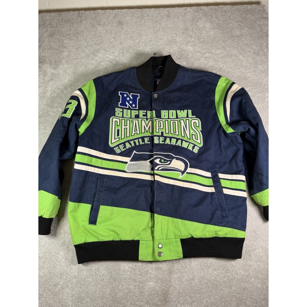 Seattle Seahawks Championship Nfl Bomber Jacket Navy, Green Full Snap Men XXL